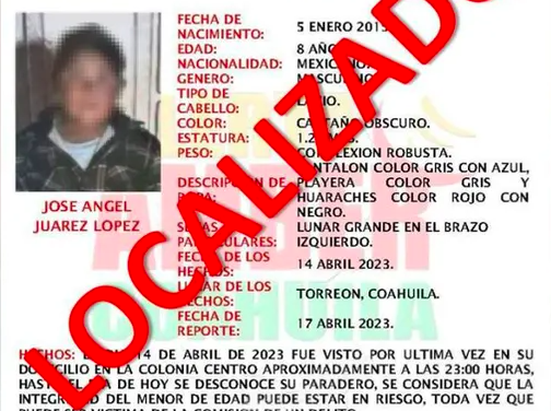 Encuentran en Lerdo a niño de 8 años desaparecido en Torreón
