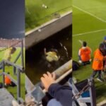 Aficionado del América intenta invadir la cancha y cae a un canal de agua sucia