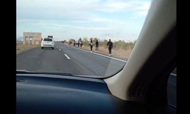 Sin opción de viajar en tren, migrantes caminan al lado de la carretera rumbo a la frontera