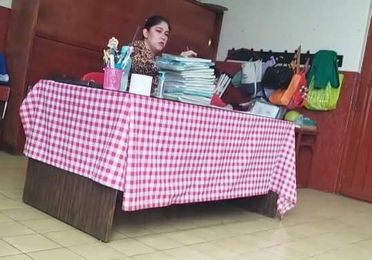 Captan a maestra de primaria arrojando los cuadernos de sus alumnos al suelo